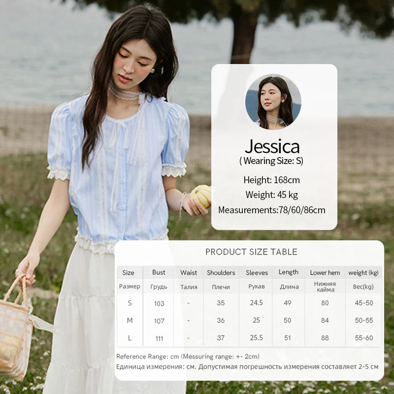 MISHOW French Striped Summer Blouses Women 2025 New Short Puff Sleeve Round Neck Lace Patchwork Shirts Fashion Tops MXE32X1759