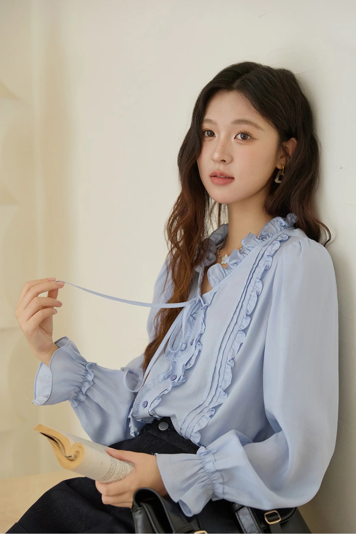 MISHOW 100% Lyocell Women's Blue Shirt 2025 Autumn French Ruffles Long Sleeves Ties Blouse Office Lady Elegant Top MXE45X2484