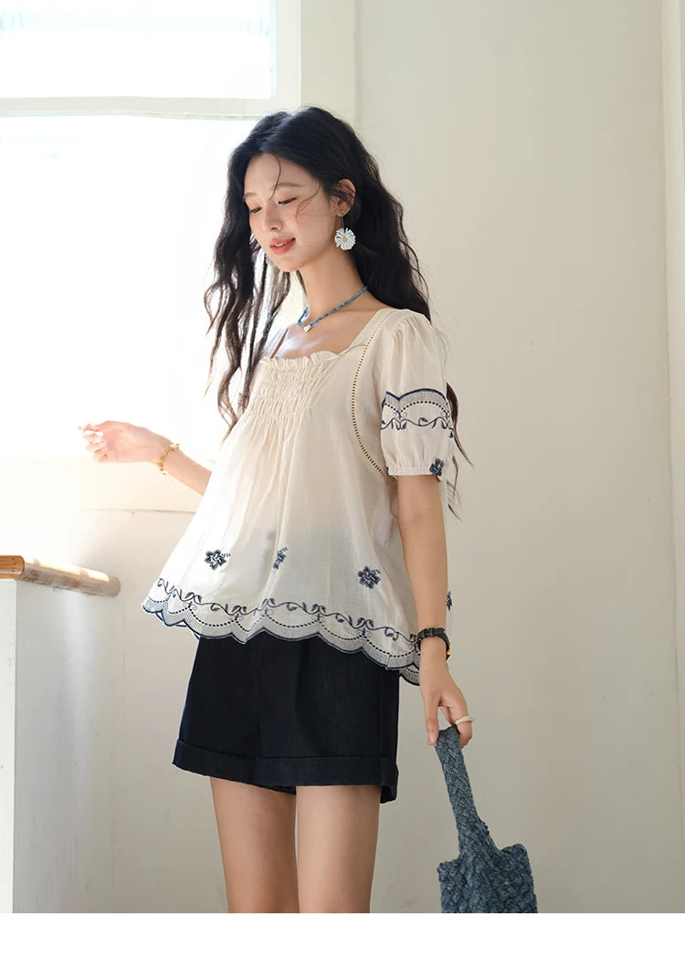 MISHOW Square Neck Puff Sleeve Women's Blouse 2025 Summer Fashion Flower Embroidery Hollow Out Blouse Female Clothing MXE39X1953