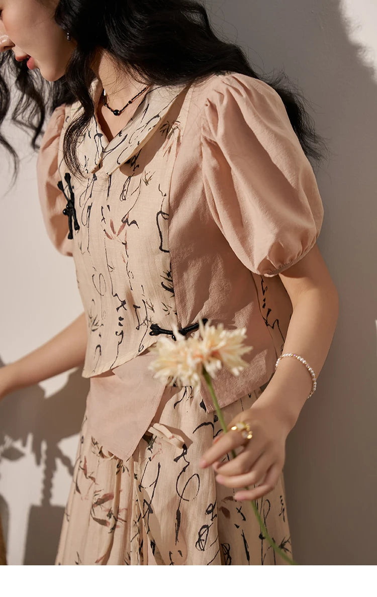 MISHOW Chinese Polo Neck Top Asymmetric Fork Skirt Separately Summer Floral Puff Sleeve Shirt High Waist A-line Skirt MXD22X1396