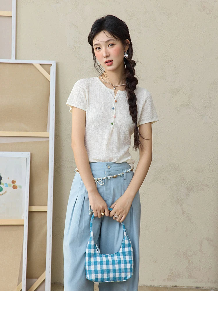 MISHOW Short Sleeved Knitted T-shirt for Women Summer 2025 Twisted Design Dopamine Button Tees Slim Breathable Top MXE34Z1243