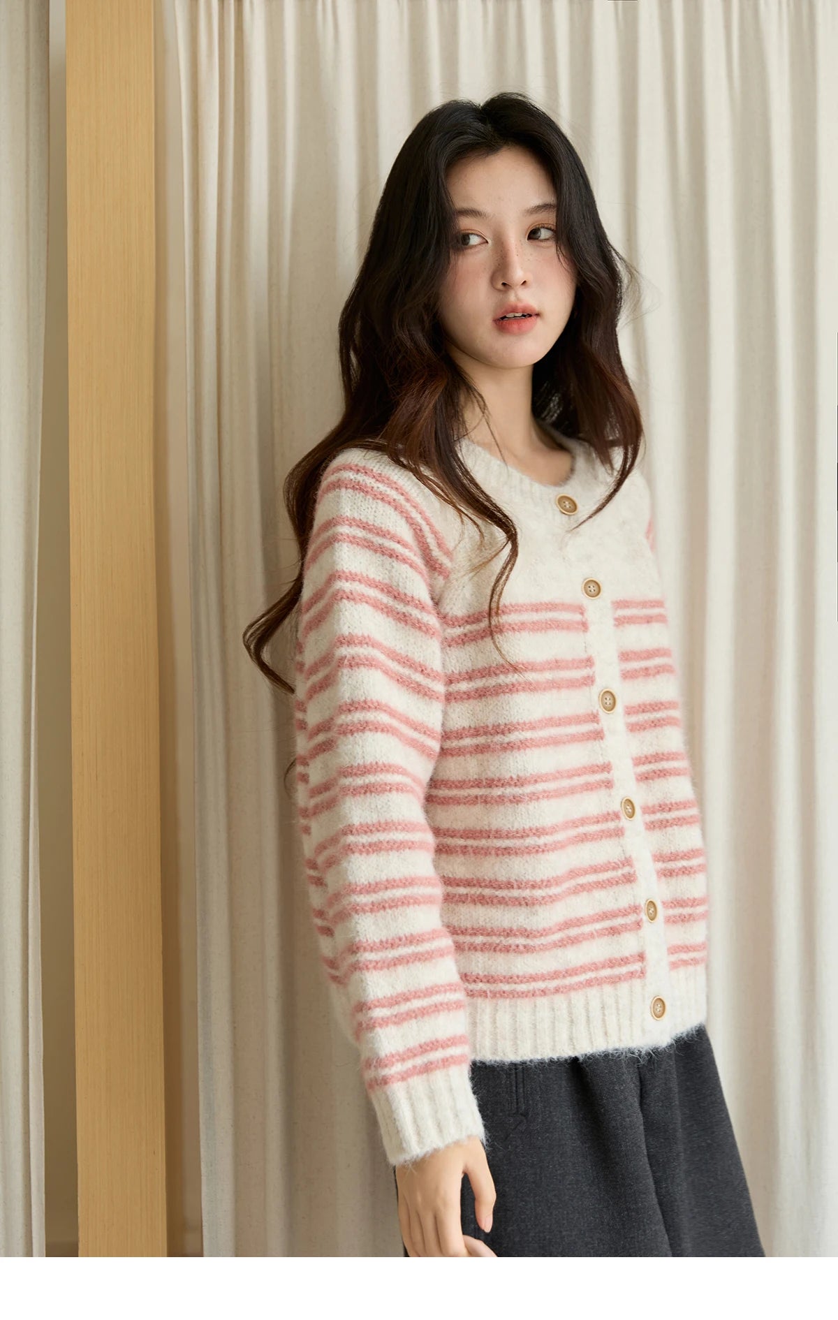 MISHOW Women's Pink Striped Cardigan 2025 Autumn Winter French Style Round Neck Wool Blended Sweater Loose Casual Top MXE49Z2615