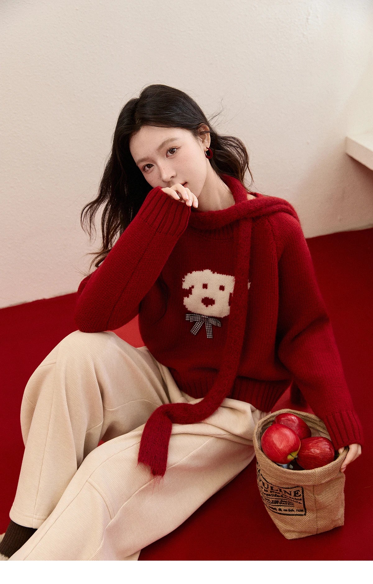 MISHOW New Year Women's Puppy Jacquard Crew Neck Knit Sweater 2026 Spring Loose Casual Red Sweater Excluding Scarf MXE93Z2932