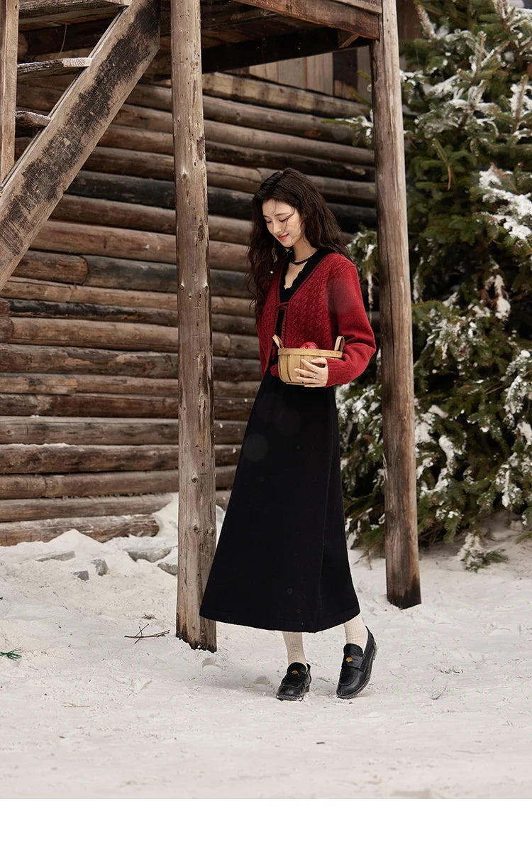 MISHOW Red Knitted Cardigan V-Neck Midi Dresses Separately A-LINE Temperament Grace Dress Flower Lace-up Warm Coat MXD58L2085