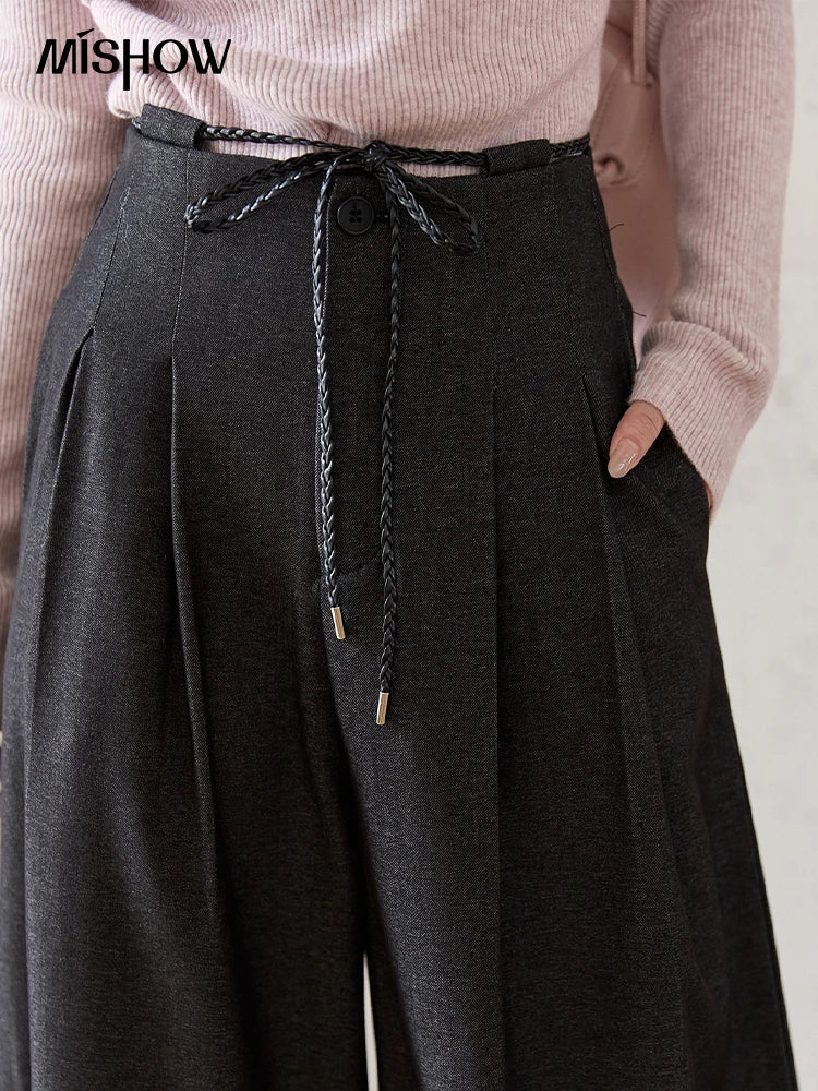 MISHOW Women's Trousers 2025 Autumn Winter Lace-up Gray Wide-leg Pants High Waist Slim Commuting Casual Pants Women MXE51K1106