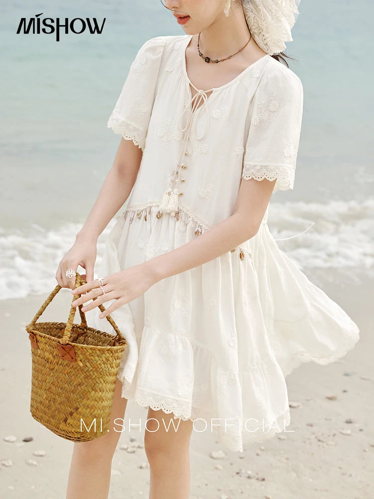 MISOHW Bohemian Solid Women's Summer Dress New 2025 Short Sleeve V-neck Shell Lace Midi Dresses for Woman Fashion MXE33L2195