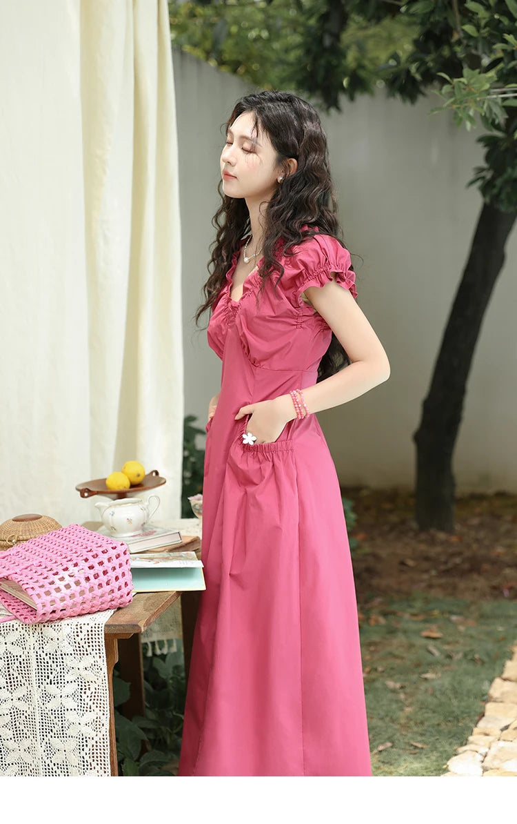 MISHOW Women's 100 Cotton Stringy Selvedge V-Neck Waist Dress 2024 Summer French Symmetric Pocket Mid Length Dresses MXD29L1934