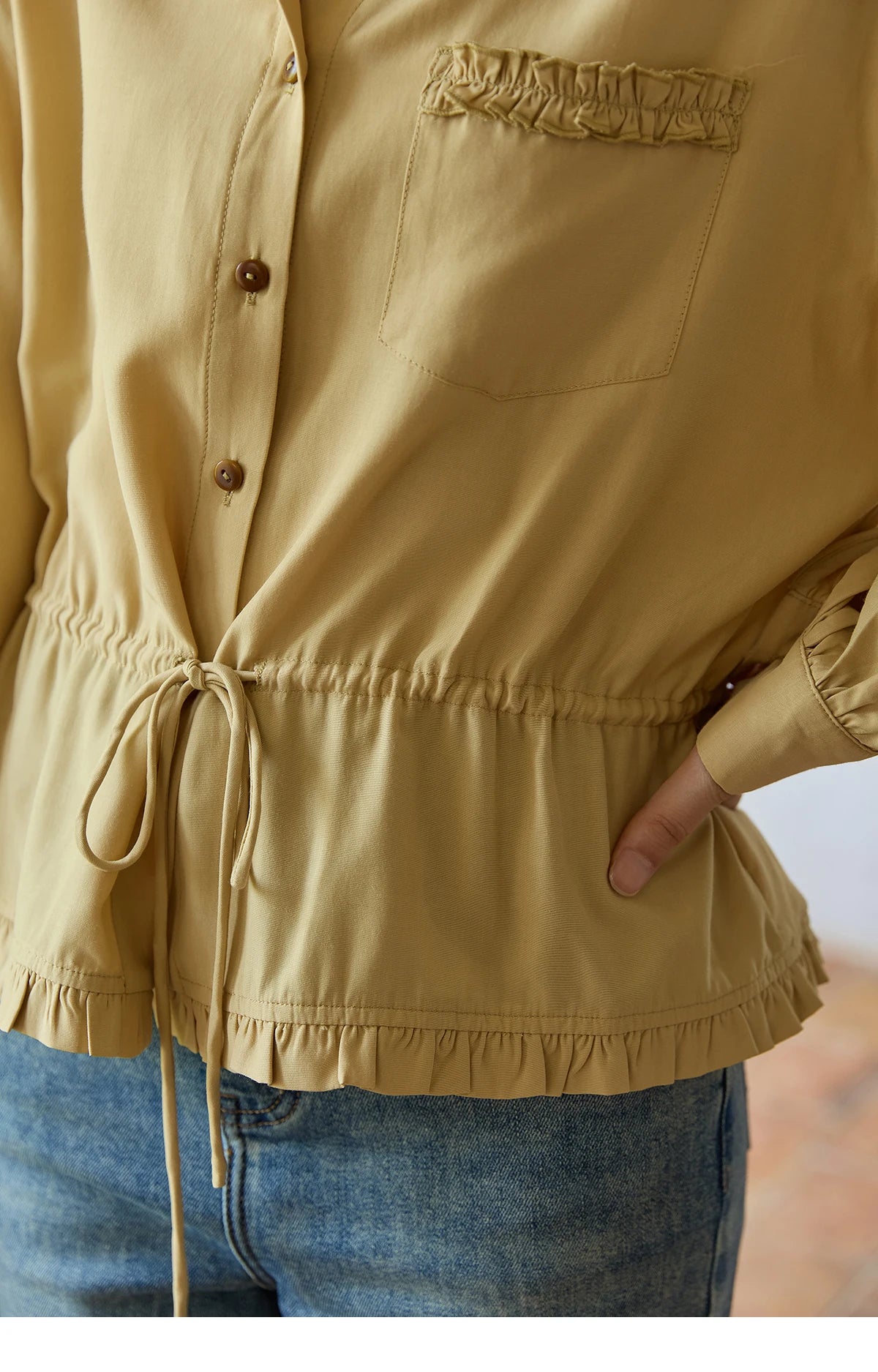 MISHOW Autumn French Drawstring Waist Shirt 2025 Yellow Hem Lotus Leaf Top Female Lapel Lantern Sleeve Commuter Shirt MXE42C2368