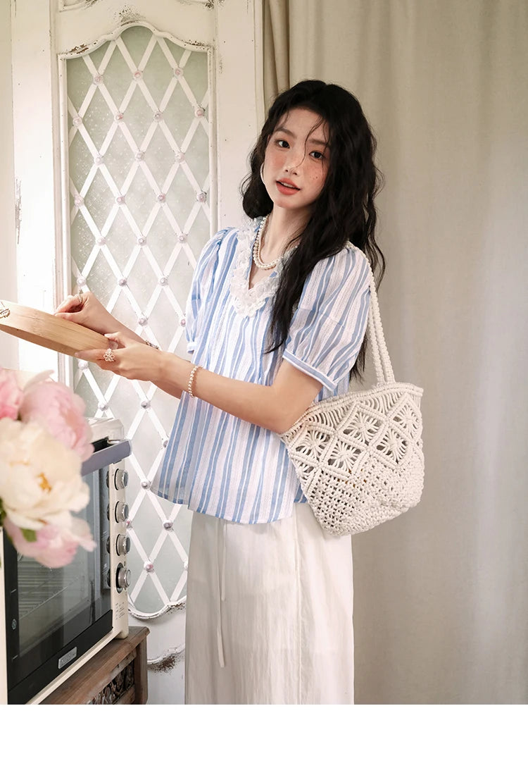 MISHOW 2025 Summer New 100% Cotton Striped Blouse Women Fashion Lantern Sleeve Lace V-neck Casual Top Ladies Clothing MXE36X1845