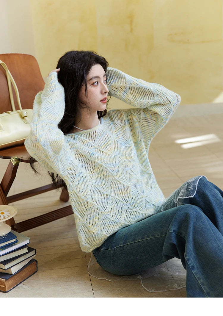 MISHOW Women's Hollow Knitted Sweater 2025 Spring Loose Thin Dropped Shoulder Top Wool O Neck Hem Wavy Edge Sweaters MXE14Z1208