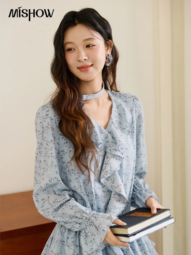 MISHOW Floral Dress for Women Cotton 2026 Spring Blue Luxury V-neck Ruffled Puff Sleeve Dress Party Midi Dress Woman MXE46L2517