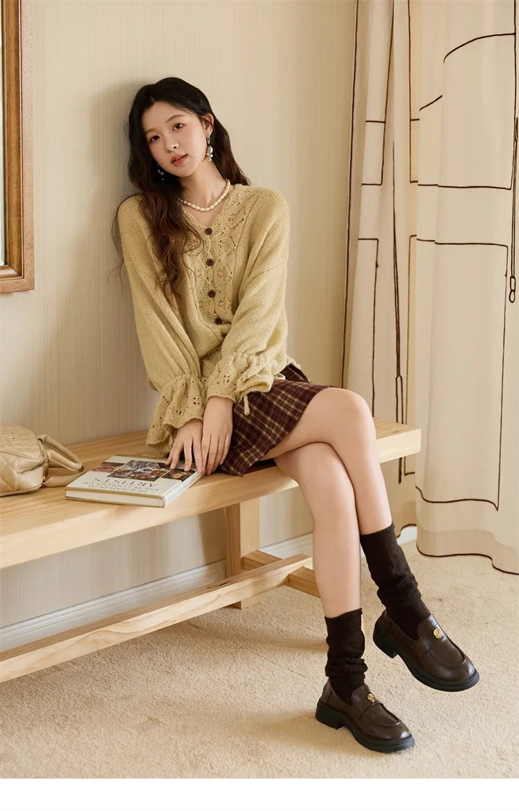 MISHOW Elegant Cardigan Women 2025 Autumn Design Hollow Knit Sweater V-neck Flared Sleeves Loose Casual Sweater MXE47Z2513