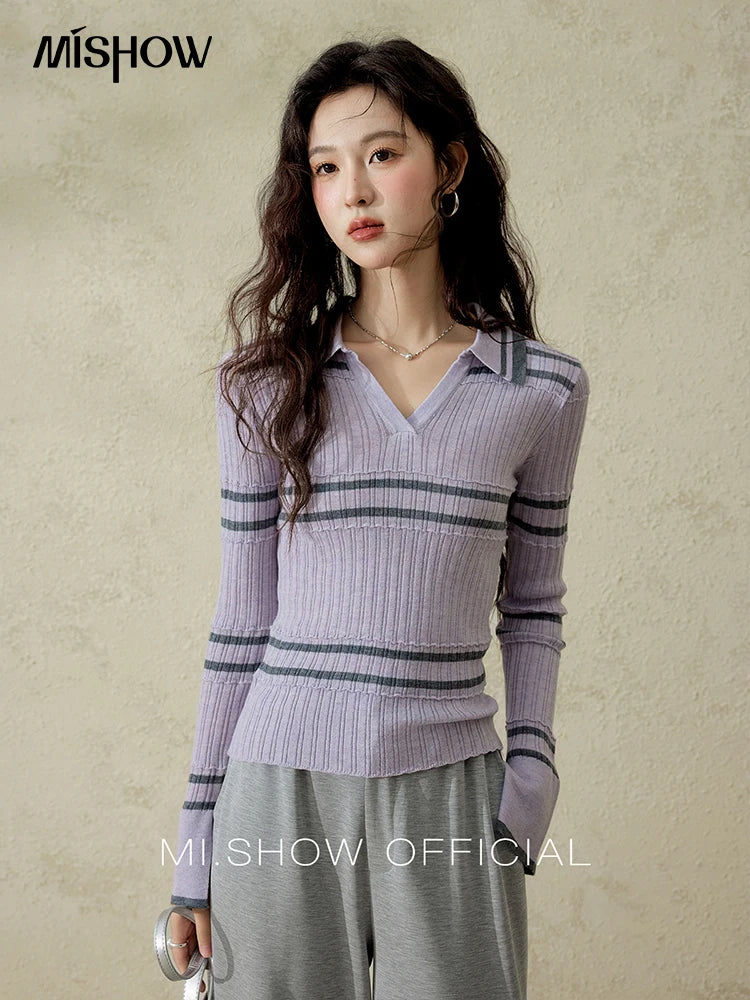 MISHOW Striped Knitted Tops for Women Spring 2025 Contrast Color Striped Slim V-neck Trumpet Sleeves Commuter Outfit MXE13Z1141