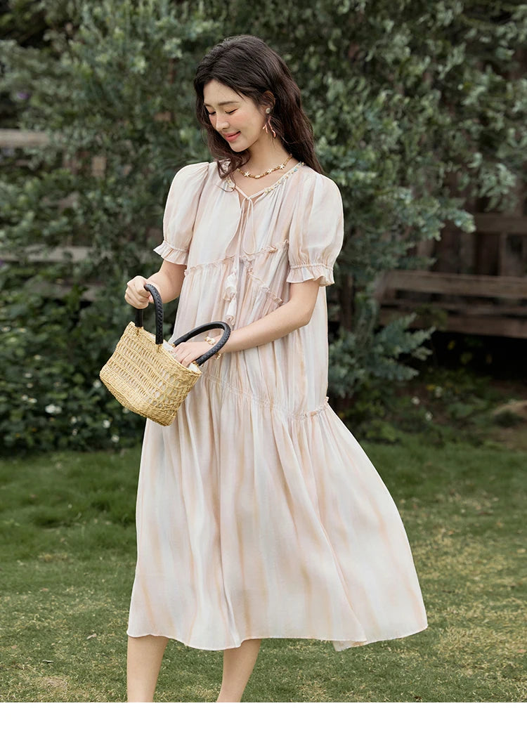 MISHOW French Summer Dress Women 2025 New V-neck Short Puff Sleeve Hollow Gradient Dresses Female Fashion Slimming MXE31L2166