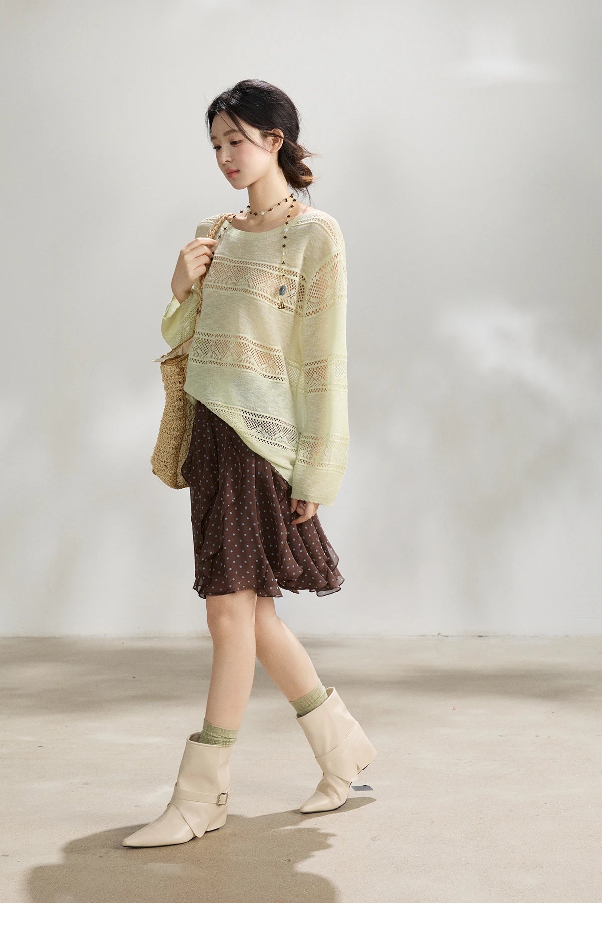 MISHOW Women's Pale Yellow Knit Top 2026 Spring Crew Neck Hollow Out Striped thin tops Casual Loose Sheer Sweater MXF13Z3020