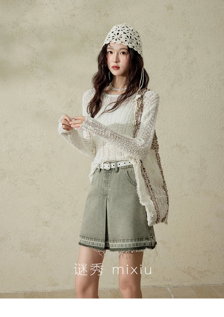 MISHOW Women 's Apricot White Hollow Knitted Sweater Spring 2025 Mohair Cover Drop Sleeve Top Strapless Slim Tube Top MXE12Z1120