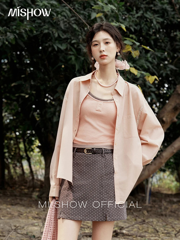 MISHOW Pink Long Sleeve Shirt for Women Spring 2025 Korean Splicing Lace Bow Tie Shirt Polo-neck Solid Versatile Tops MXE16C0767