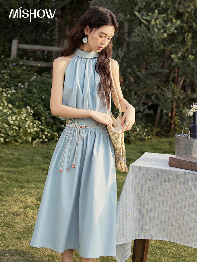 MISHOW Vacation Skirt Set Woman 2025 New Solid Halter Neck Sleeveless Short Tops Midi Loose Skirt Female with Belt MXE33T0546