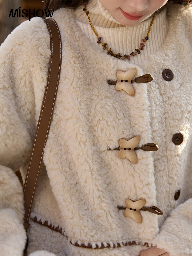 MISHOW Winter Jackets Women 2025 Retro Apricot Imitation Lambswool Coat Commuter Round Neck Single-breasted Jacket MXE51W0874