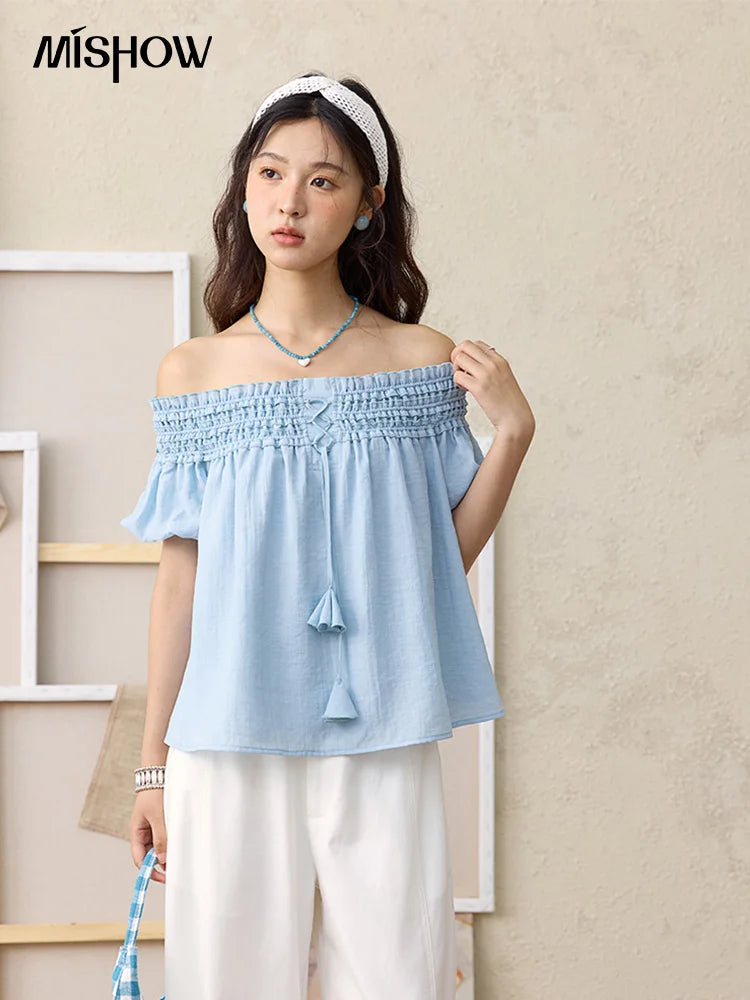 MISHOW Mist Blue One Shoulder Blouse Summer 2025 Elastic Pleated Flower Bud Sleeves Doll Blouses Cotton Blend Top MXE34X1796