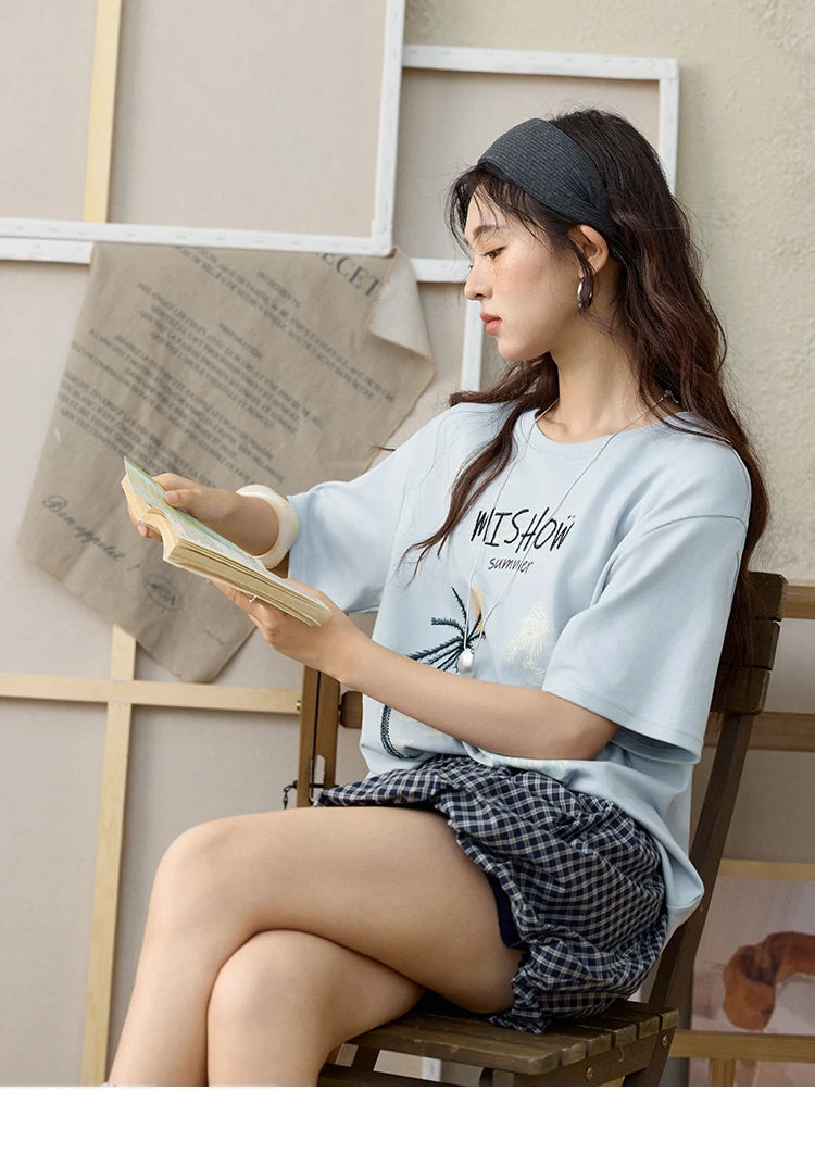 MISHOW Casual Print T-shirts Women 2025 Summer New Short Sleeve Round Neck Coconut Tree Pattern Shirt Woman Holiday MXE31T0516