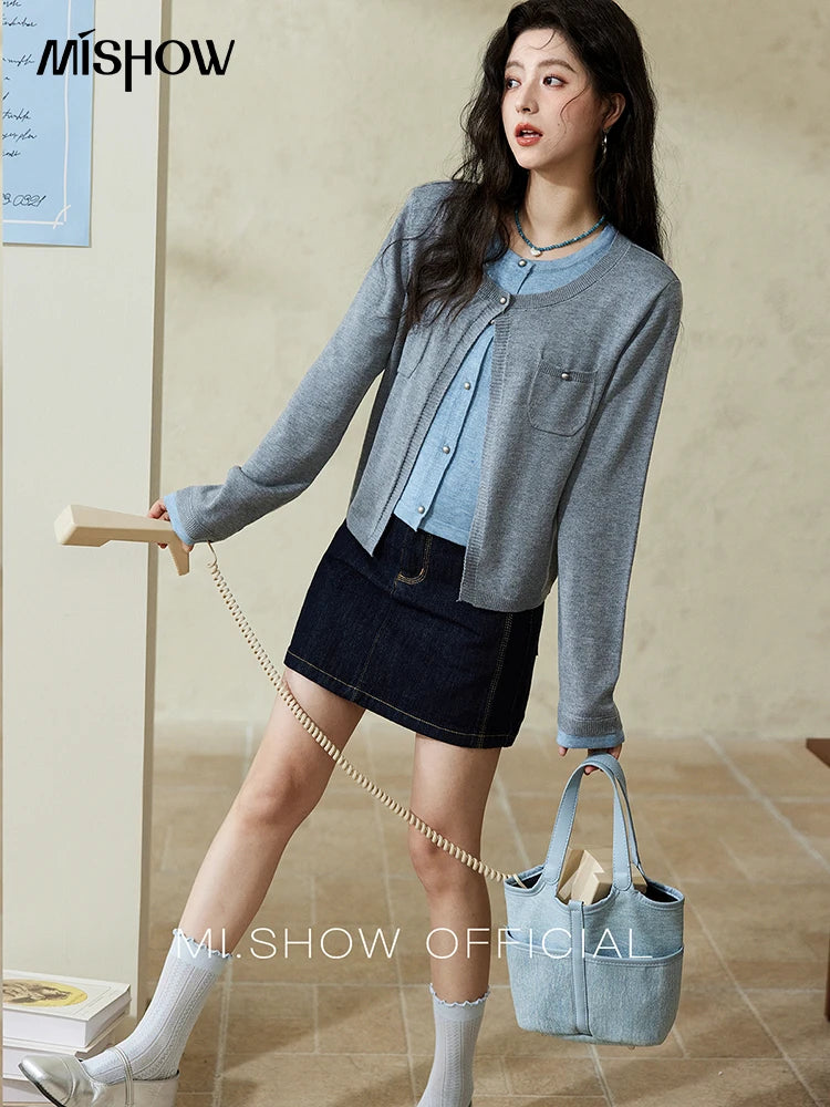 MISHOW Wool Knitted Cardigan Fake Two-piece Contrasting 2025 Spring Women Slim Fit Top O Neck Patch Pocket Sweaters MXE12Z1144