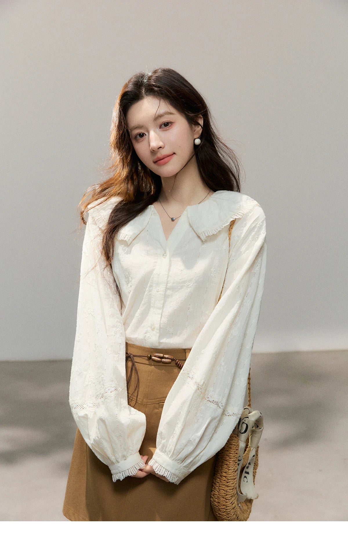 MISHOW Women's Beige Apricot Lace Shirts 2026 Spring Peter Pan Collar Micro Lantern Sleeves Top Casual Elegant Shirt MXF108C0813