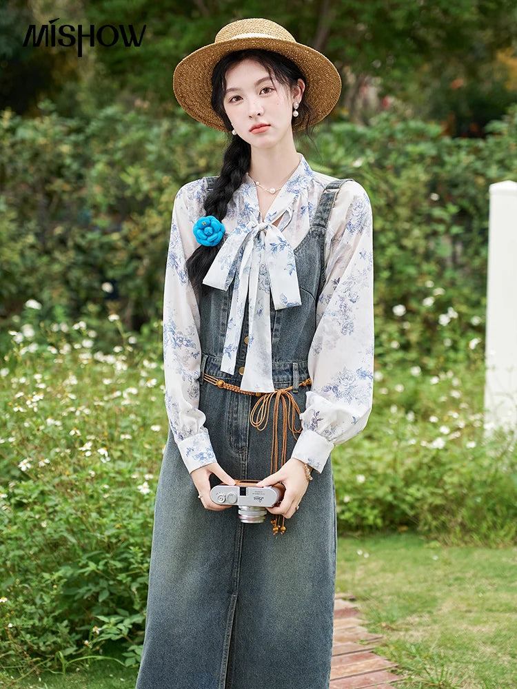 MISHOW Retro Denim Strap Dress for Women Spring Summer 2025 Symmetrical Diagonal Pockets Front Hem Slit Midi Dresses MXD14L1817