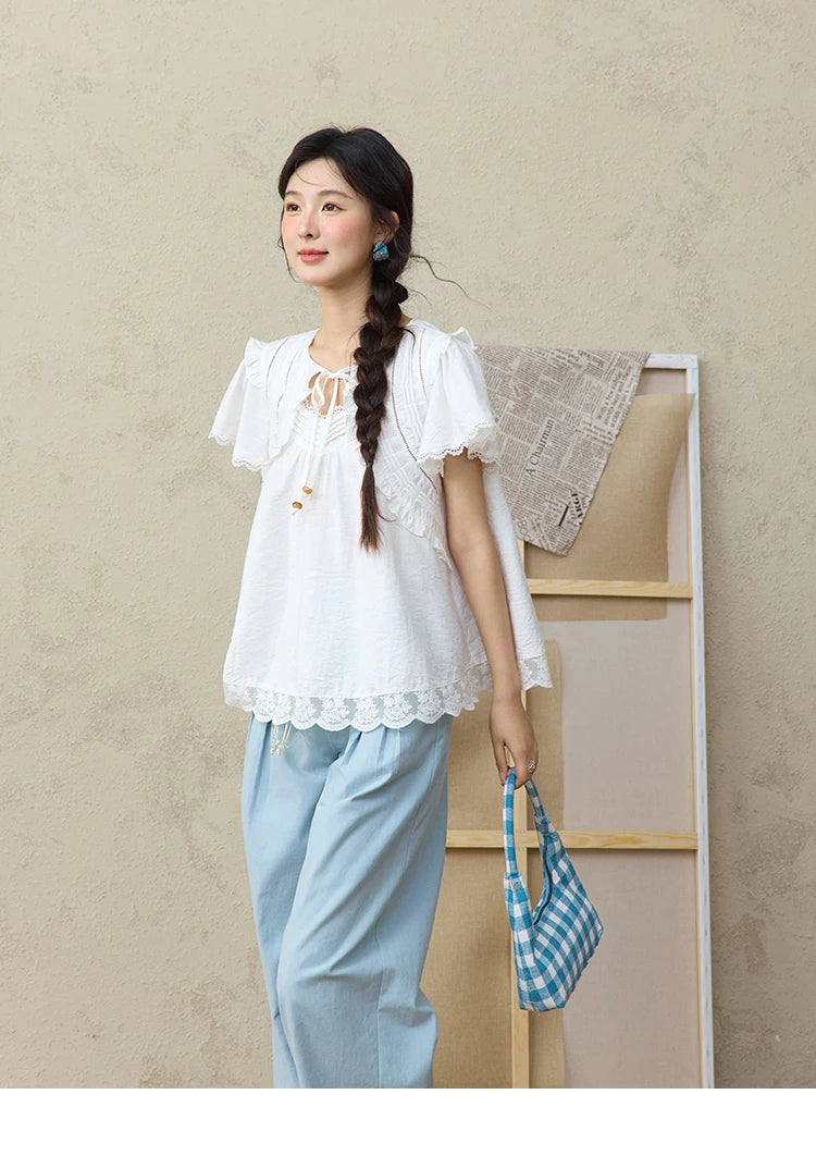 MISHOW Sea Salt Blue Wide Leg Pants 2025 Summer Contrasting Bead Belt Cotton Blend Trousers Slim Commuting Pants MXE35K0931