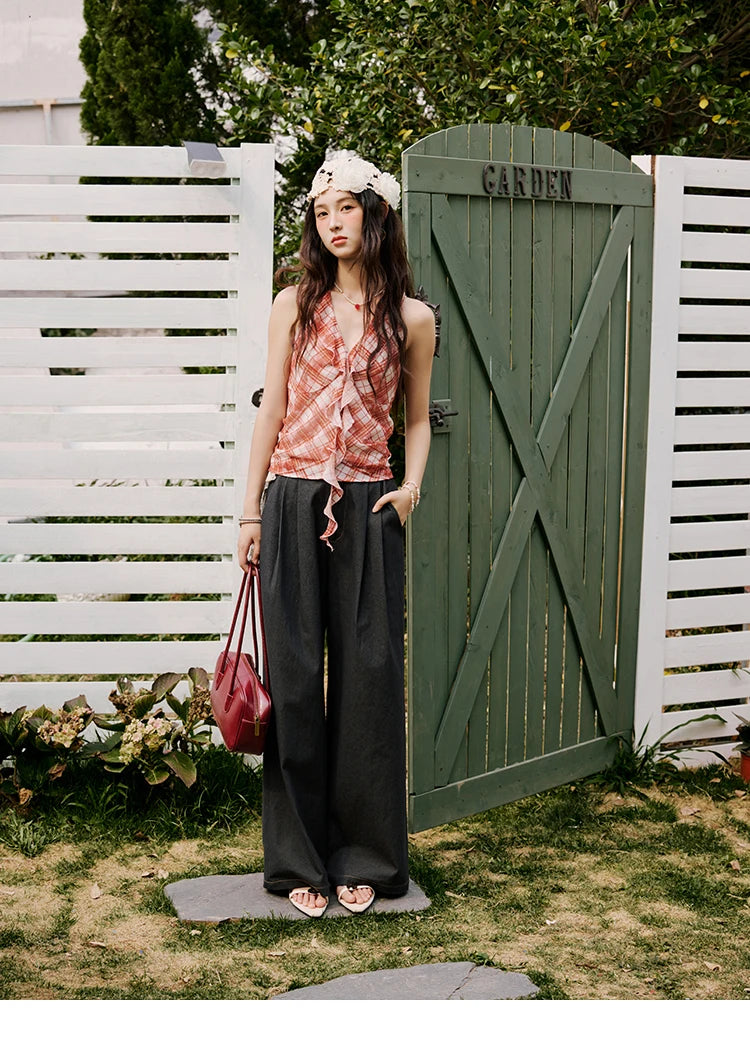 MISHOW French Retro Red Grid Hanging Neck Blouse for Women Summer 2025 Ruffled Edges Backless Blouses Vacation Top MXE34X1785