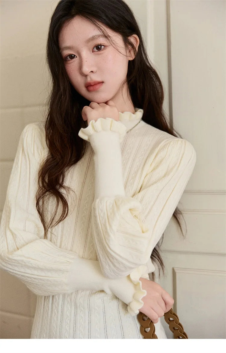 MISHOW Women's Half Turtleneck Ruffle Trim Lantern Sleeve Bottoming Tops 2025 Winter Vertical Rib Slim Knitted Top MXE93Z2810