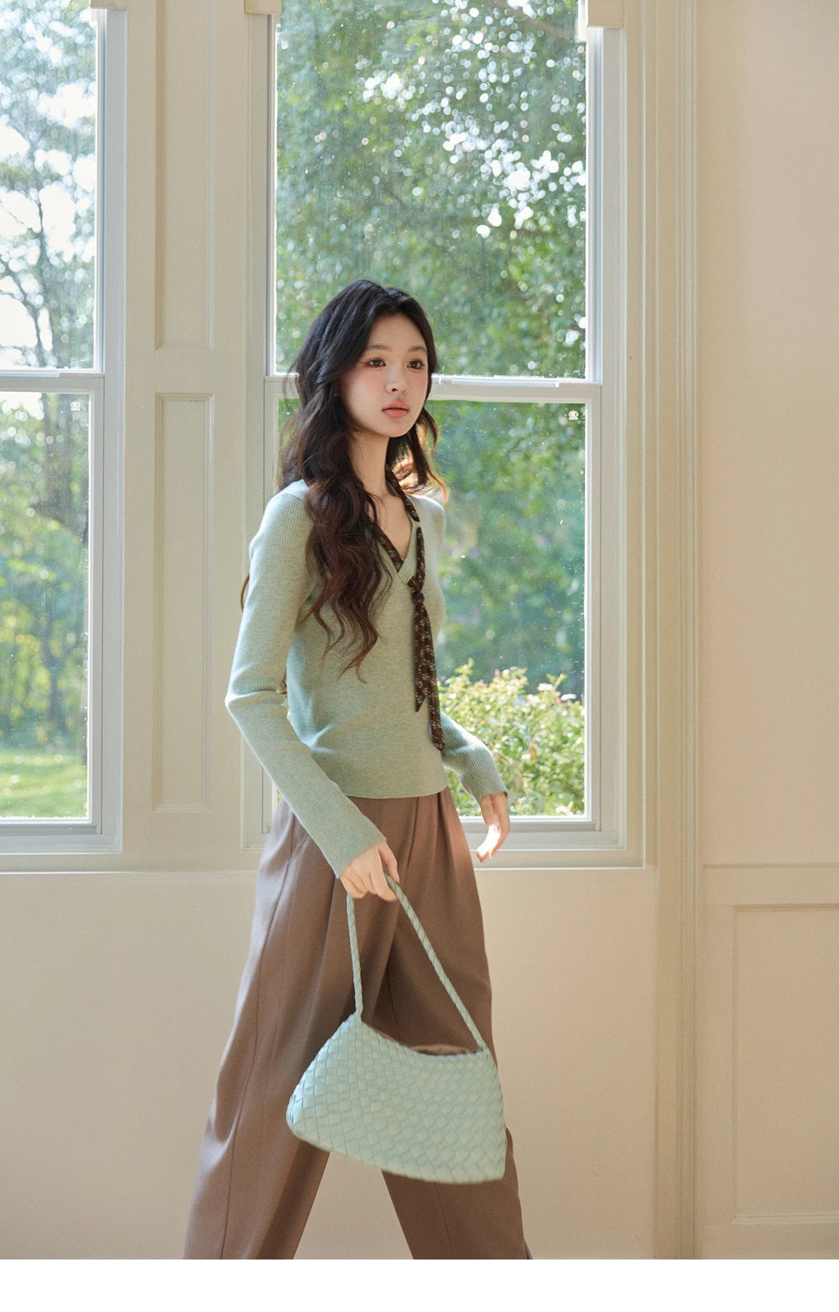 MISHOW Women's V Neck Tie Neck Floral Ribbed Knit Tops 2026 Spring Long Sleeve Slim Casual Soft Green Thin Sweater MXF108Z1024