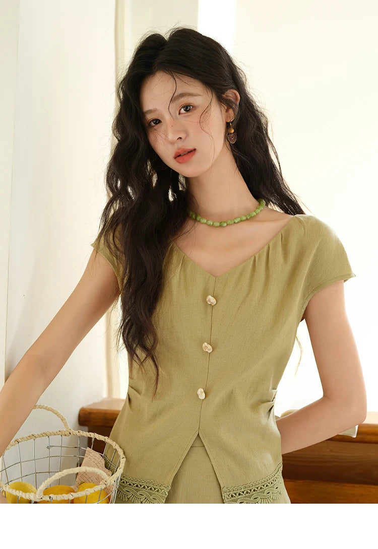 MISHOW Two-Piece Ladies Set 2025 Summer New Fashion V-neck Button Lace Hollow Out Spliced Top Pocket A-line Skirt Set MXE39T0665