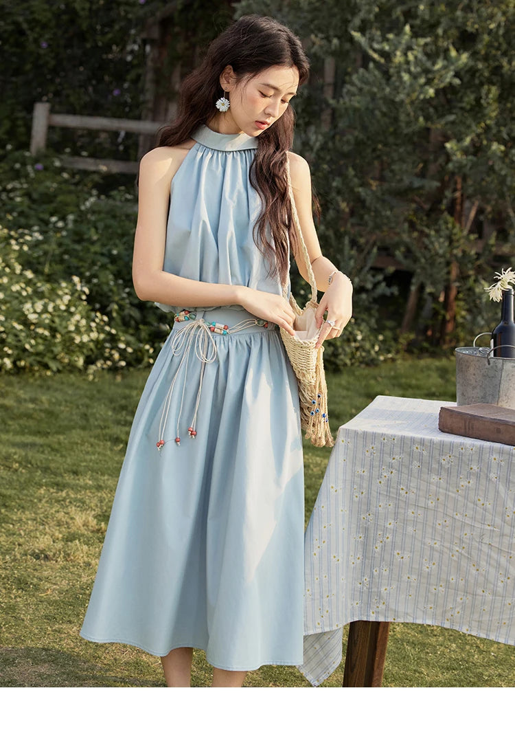 MISHOW Vacation Skirt Set Woman 2025 New Solid Halter Neck Sleeveless Short Tops Midi Loose Skirt Female with Belt MXE33T0546