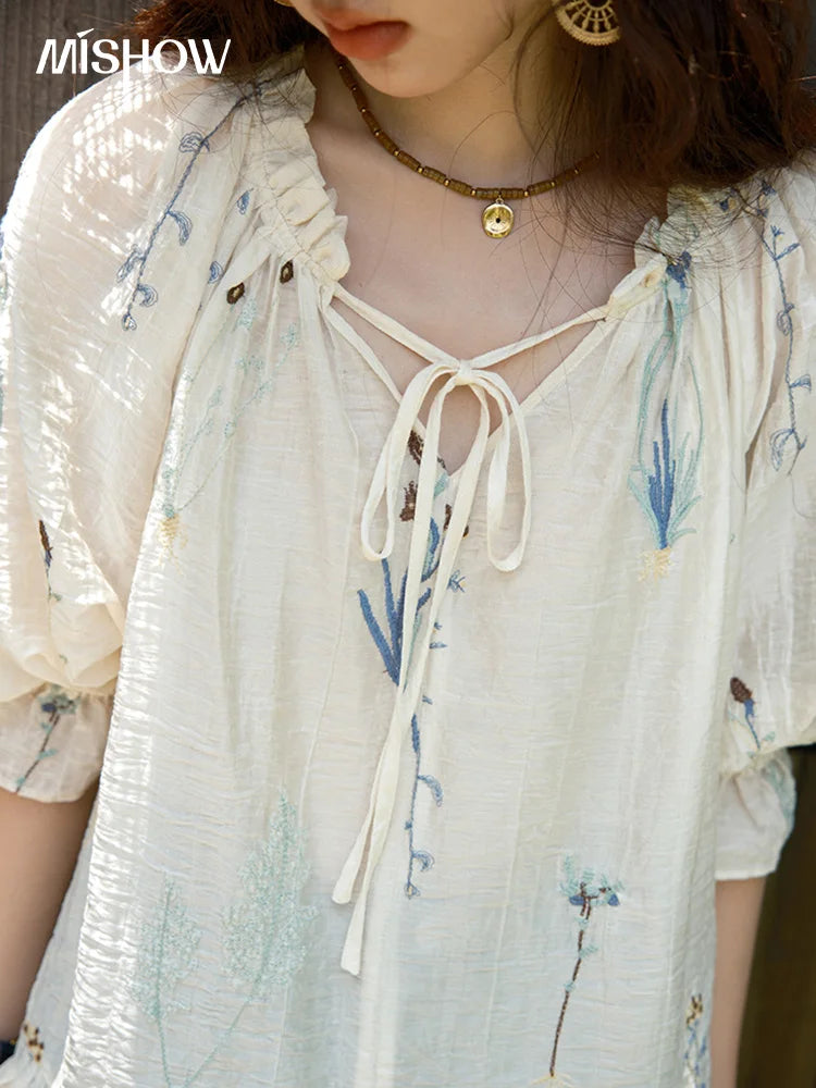 MISHOW Women's V-neck Lace Up Blouse 2025 Summer New Fashion Embroidery Mushroom Edge Commute Top Women's Blouse MXE39X1959