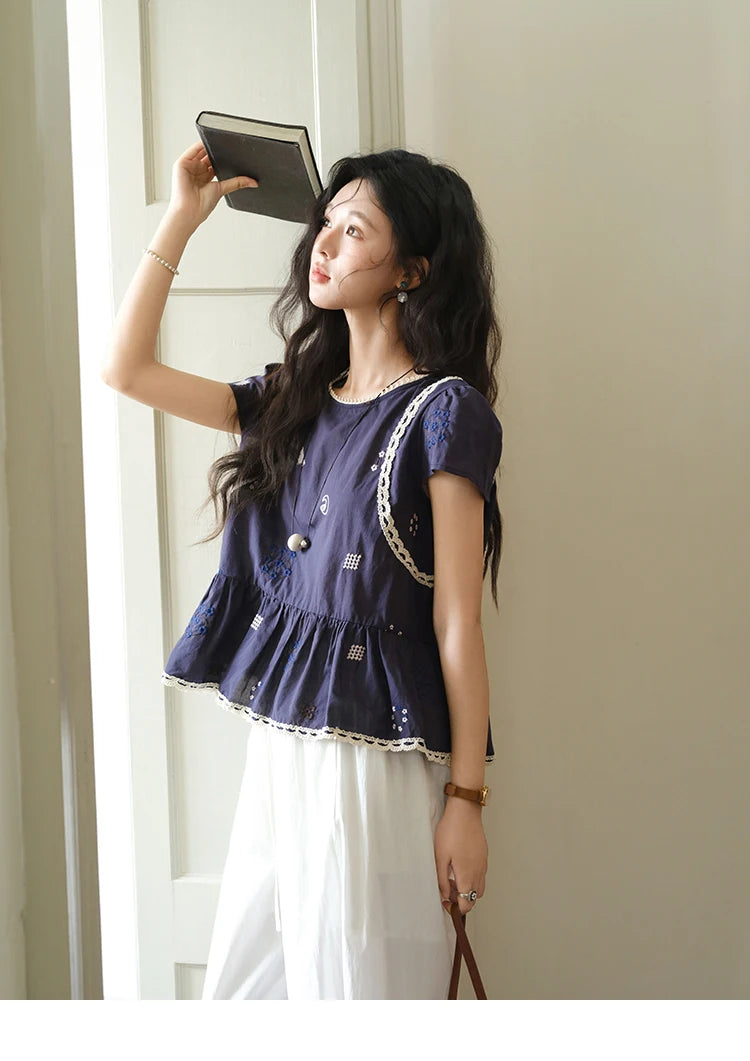 MISHOW Women's O-Neck Spliced Lace Blouse 2025 Summer New Fashion Embroidery Flower Casual Loose Top Ladies Clothing MXE39X1965