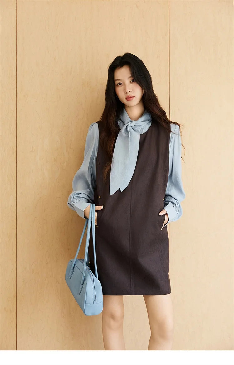 MISHOW Woman Two-piece Set 2025 Autumn College Style Light Blue Shirt Dark Brown Vest Skirt Suit Woman Clothes MXE47T1408