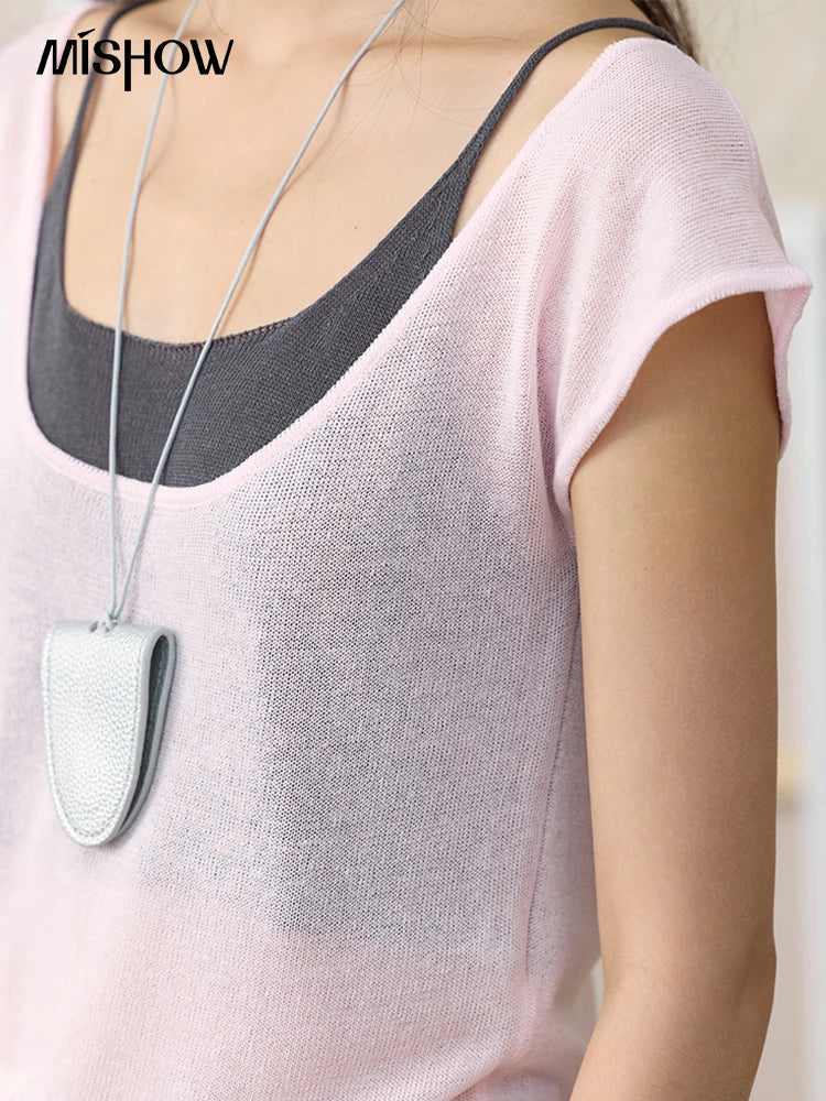 MISHOW Women's Linen Short Sleeve T-shirt 2025 Summer Contrast Color Fake Two-piece Knitted Top Thin Cool Casual Tees MXE36Z1277