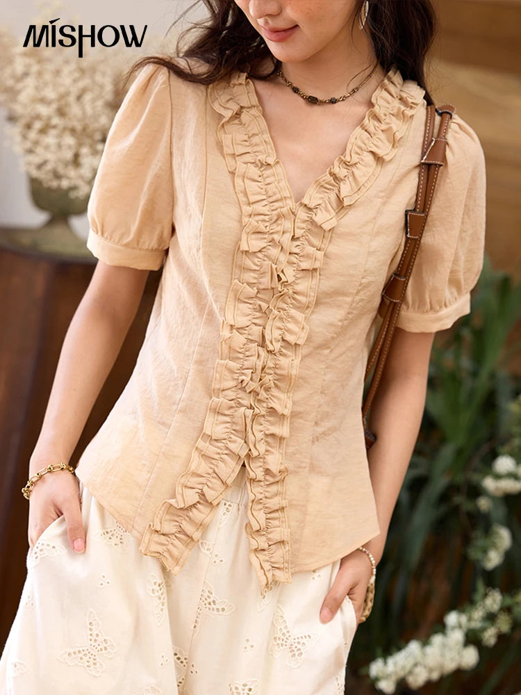 MISHOW Fashion V-neck Blouse for Women 2025 Summer New Office Lady Puff Sleeve Casual Slim Top Blouse Female Clothing MXE35X1841