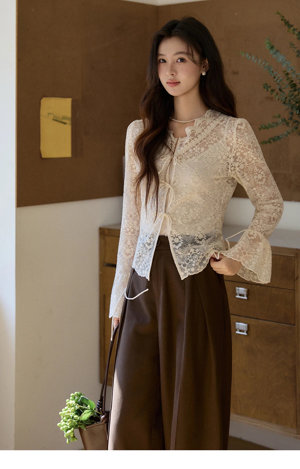 MISHOW Women's Sweet Lace Top Camisole Set Spring Tie Front Flare Sleeve Sheer Casual Elegant Two-Piece Knitwear MXF108X1001