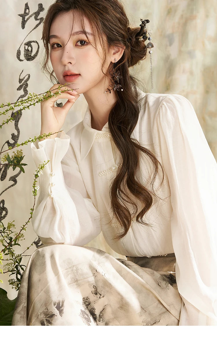 MISHOW Chinese Style Lapel Shirt 2024 Spring Retro Button Pearl Embellishments Folded Cuffs Petal Sleeve Loose Top MXD11X1344