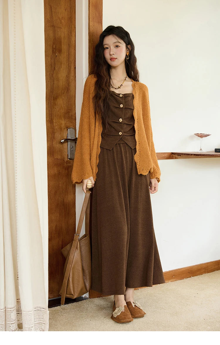 MISHOW Pumpkin Knitted Cardigan for Women Autumn 2025 Loose Wavy Edge Sweater Hollow Out Dropped Sleeves Cardigans MXE46Z2505