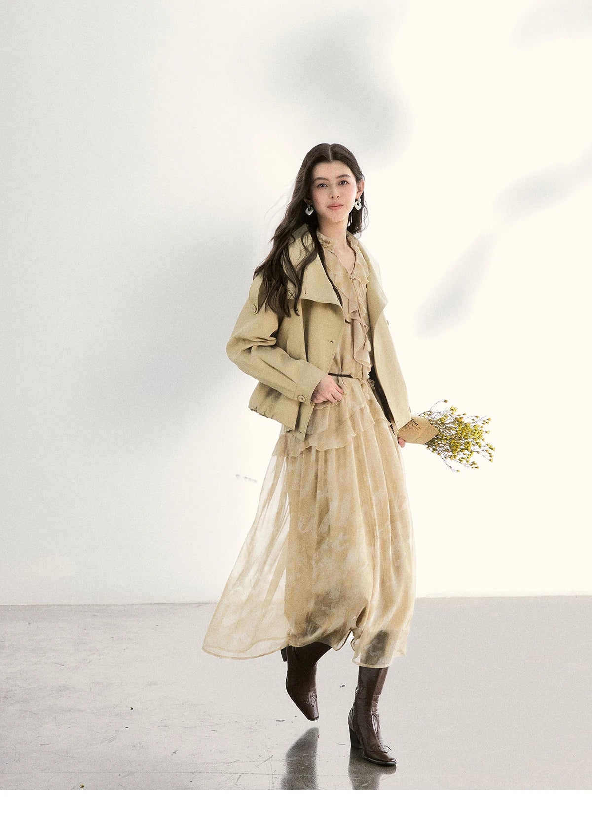 MISHOW Light Yellow Chiffon Maxi Dress 2026 Spring V-Neck Ruffled Belted Floral Print Casual Long Sleeve Dresses MXF11L2554