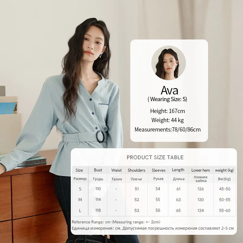 MISHOW Women's Haze Blue Peach Skin Velvet Shirt Autumn 2025 Contrast Color Design Waist Shirts Commute Versatile Top MXE47X2497