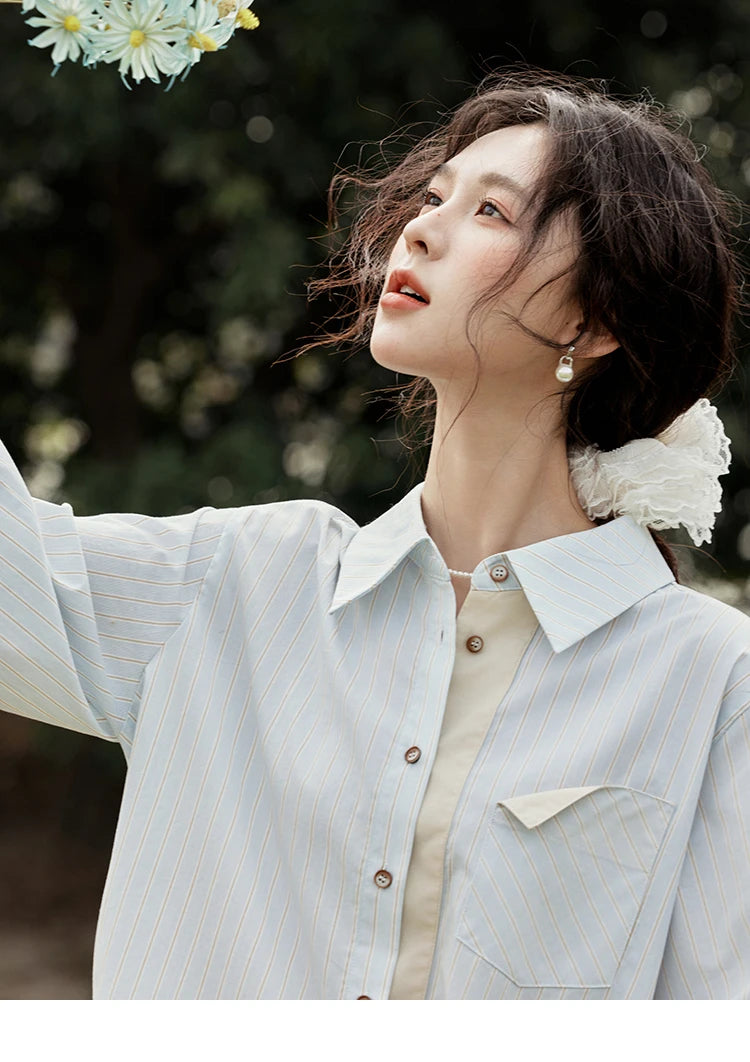 MISHOW Light Blue Striped Shirt for Women Spring 2025 Contrast Color Placket Shirt 100 Cotton Polo Neck Commuting Top MXE15C0762