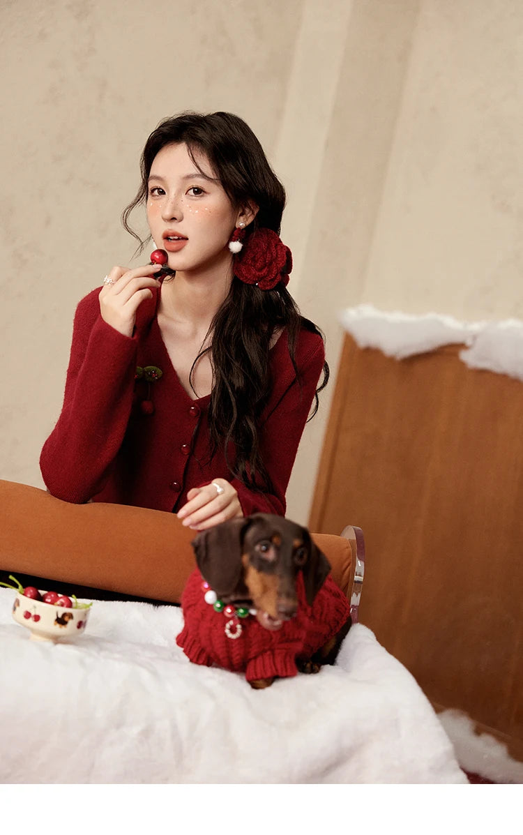 MISHOW Red Knitted Short Cardigan Women Autumn Winter New Cherry Ornaments Sweet Slim Fit V-neck Long Sleeve Tops MXD112Z1006