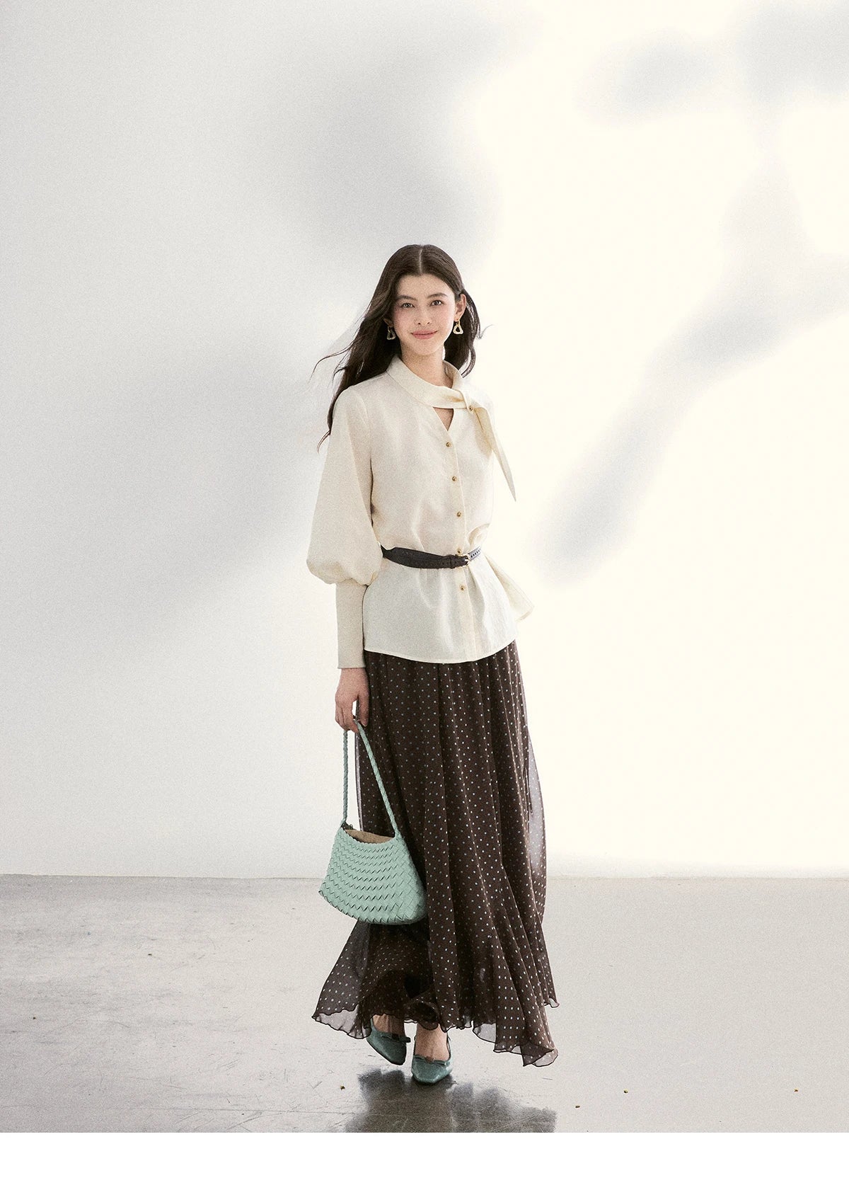 MISHOW Women's Tie Neck Shirts Spring Hollow-out Knitted Patchwork Puff Sleeve Tops Casual Elegant Shirt Office Lady MXF108C0812