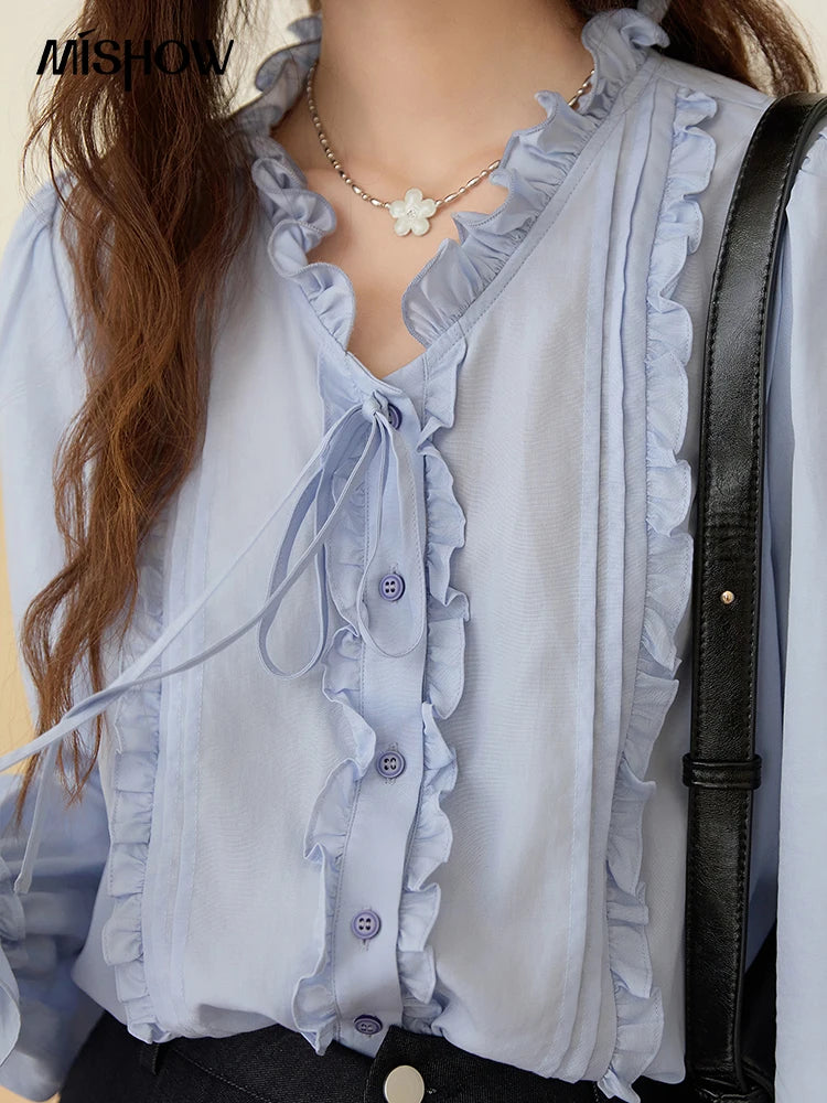 MISHOW 100% Lyocell Women's Blue Shirt 2025 Autumn French Ruffles Long Sleeves Ties Blouse Office Lady Elegant Top MXE45X2484