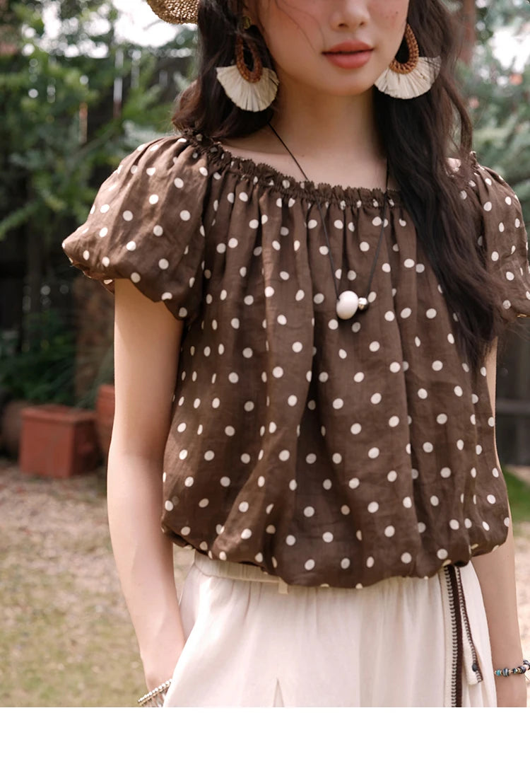 MISHOW Women's Two-Piece Set Fashion Polka Dot One Shoulder Puff Sleeve Blouse Summer 2025 Casual Wide Leg Pants Set MXE38T0683