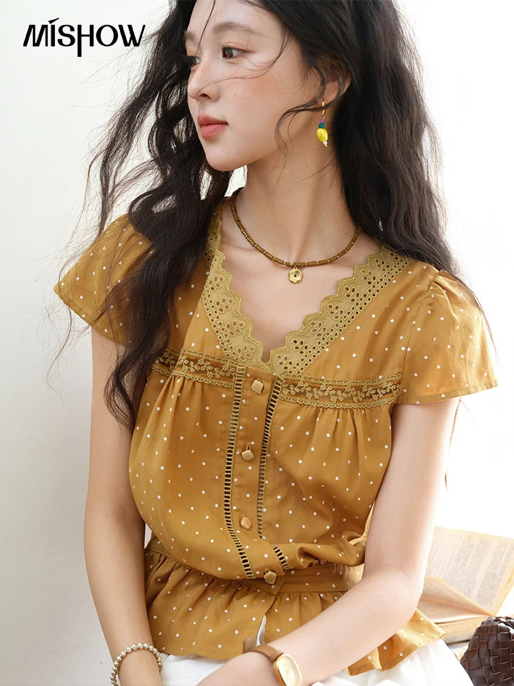MISHOW Women's V-neck Lace Splicing Blouse 2025 Summer New Ladies Fashion Polka Dot Hollow Ruffle Button Female Top MXE38X1847